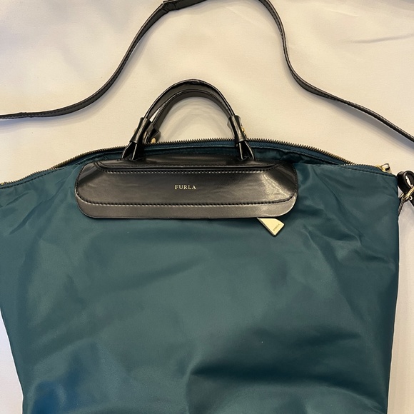Furla dark green nylon & black leather tote satchel, cross-body, two-way. - Picture 3 of 16